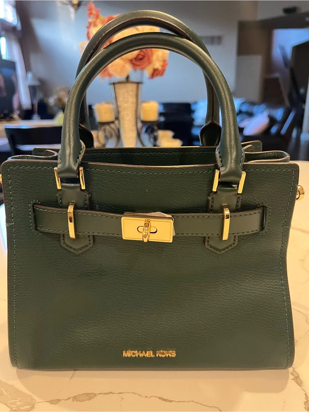 MICHAEL KORS Deep Green Leather Satchel with Gold Hardware